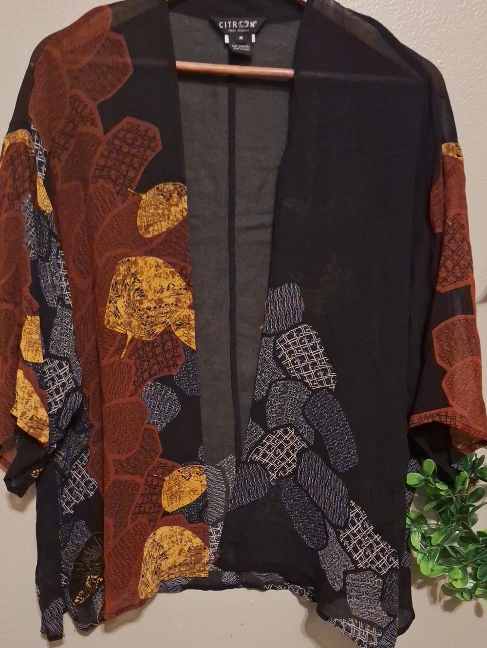 Citron Black Floral Open-Front Kimono with Rust Brown and Mustard Accents